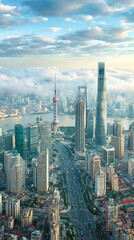 Obraz premium Aerial View of Shanghai Cityscape with Skyscrapers and Huangpu River in China during Daytime