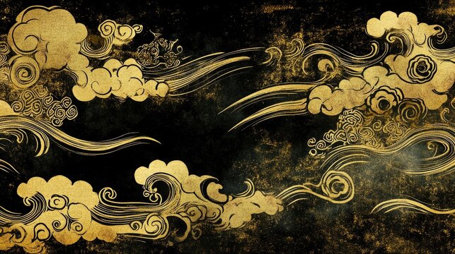Ornate gold clouds and waves pattern on a dark background.