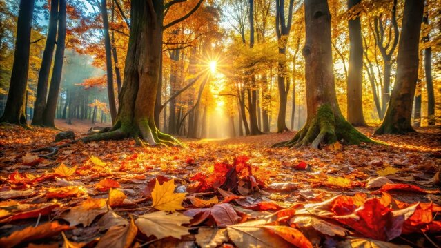Vibrant autumn leaves scattered on a forest floor amidst fallen branches and tree trunks in warm sunlight filter through the canopy above , autumn, nature
