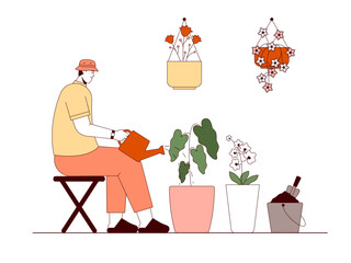 Florist enjoying leisure time by watering flowers in pots. Florist illustration. Flat outline vector illustration concept.