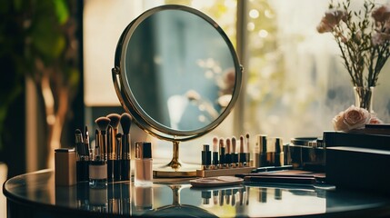 Elegant vanity setup with a golden mirror and luxurious makeup