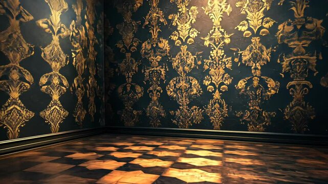 Dark room with gold damask wallpaper, checkered floor, and dramatic lighting