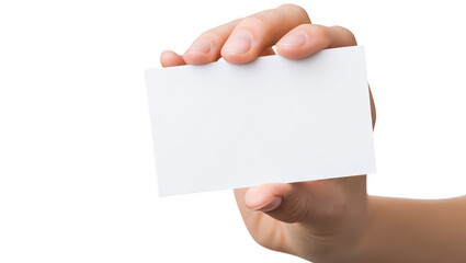 Obraz premium Hand Holding Blank White Card on Transparent Background
