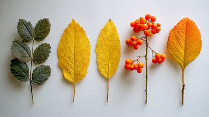 Obraz premium Autumn Leaves in Gradient Colors with Rowan Berries on a White Backdrop for Seasonal Art