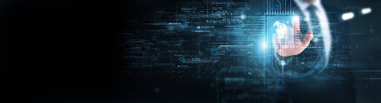 Businessman touching circuit of innovative solutions and networking infrastructure. Cloud integration services, enterprise software development, IT consulting strategies, scalable system architecture