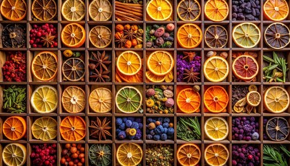Fototapeta premium Vibrant Dried Citrus, Herbs, and Fruit Background