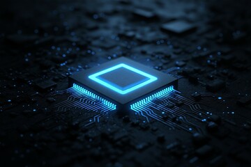 A sleek, futuristic microchip glowing with neon blue light