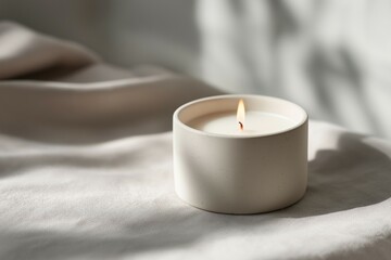 A minimalist still life featuring a white candle in a simple ceramic holder