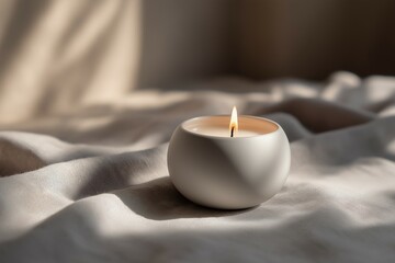 A minimalist still life featuring a white candle in a simple ceramic holder