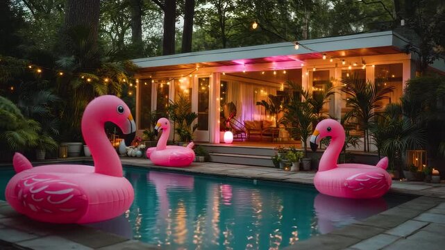 Poolside house party with inflatable flamingo floating in pool, warm string light glowing, cozy outdoor seating, perfect evening atmosphere