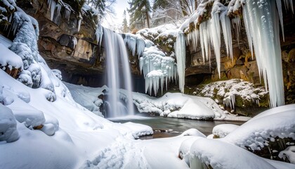 Icy white icicles clung to the frozen river rocks near the winter waterfall