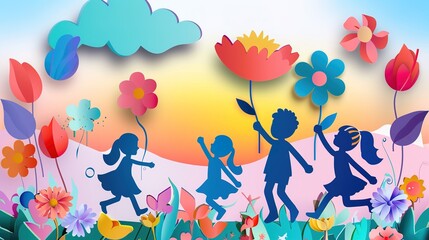 Fototapeta premium Immerse in Artistic Whimsy with Children's Day Paper Cuttings Backgrounds! These enchanting backdrops blend the timeless charm of traditional paper cutting with the playful spirit of Children's Day, c