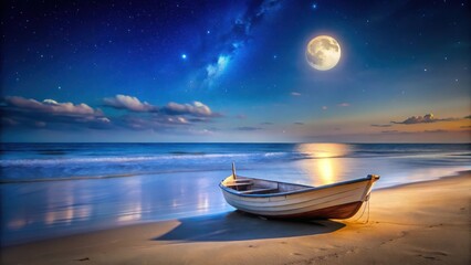 A solitary boat lies on a moonlit beach at night