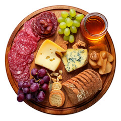 Top view cheese board with grapes, biscuit, salami, wine and honey isolated on transparent or white background