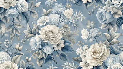 Classic French toile de Jouy blue floral pattern with elegant white roses, hydrangeas and daisies on a soft, muted background