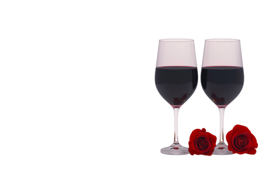 Two wine glasses filled with red wine accompanied by two red roses.