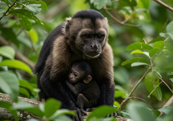 Fototapeta premium Monkey mother and baby in forest