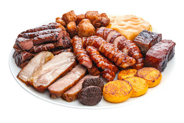A variety of grilled and smoked meats served on a large white plate, accompanied by sausages, steak cuts, and roasted vegetables.