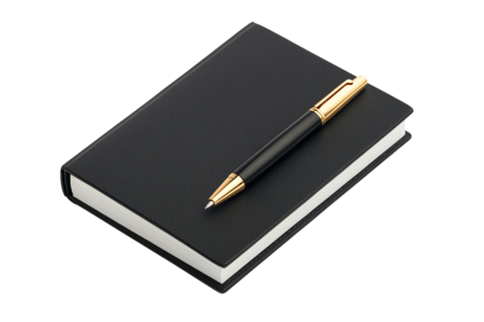 Black notebook with a gold and black pen placed on top.