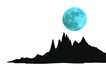 A bright blue moon shines above jagged mountain peaks.