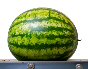 Whole watermelon on conveyor belt in industry factory isolated on transparent or white background