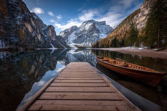 Snowy Mountain Lake With Wooden Dock And Boat