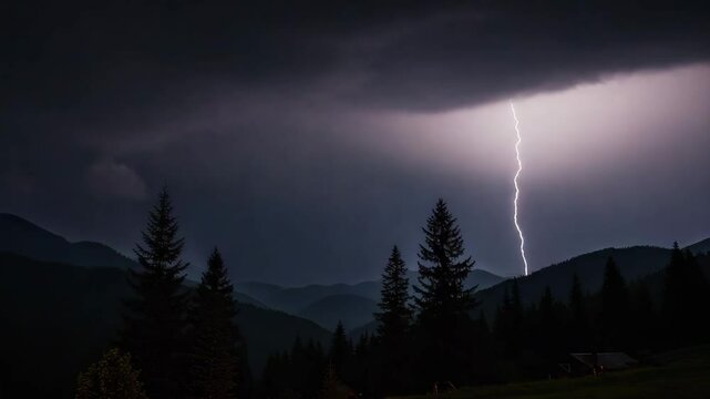 4k video, Lightning storm in the night sky at mountain, , Multiple lightnings and thunders illuminate night sky and hills, 