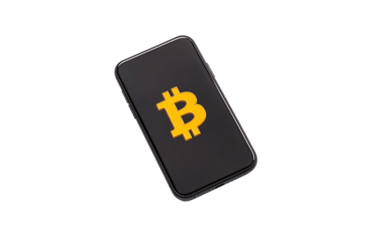A smartphone displaying a prominent yellow Bitcoin symbol on its screen.