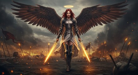 Fantasy angel with glowing swords digital art