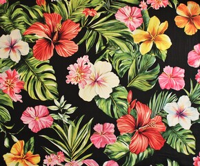 Tropical Floral Pattern On Black Fabric