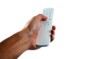 Hand Holding Modern White TV Remote Control on Transparent Background