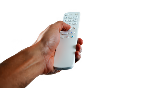 Hand Holding Modern White TV Remote Control on Transparent Background