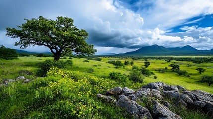 Obraz premium there is a lone tree in the middle of a grassy field