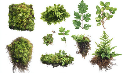 Fototapeta premium Highly detailed illustrations of various trees, leaves, grasses, and botanical elements, featuring realistic, minimalist, and abstract compositions on a white background.