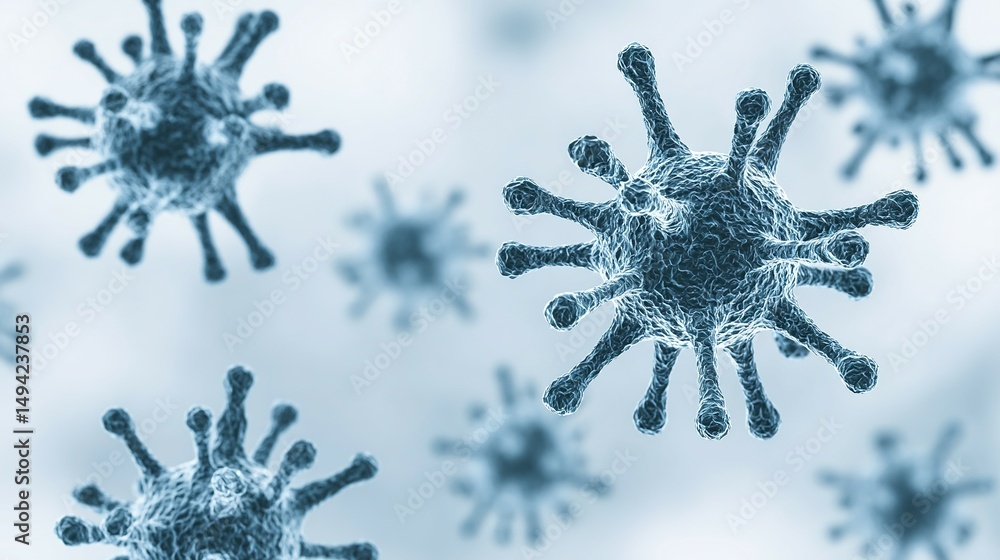Poster close-up view of computer-generated virus particles.