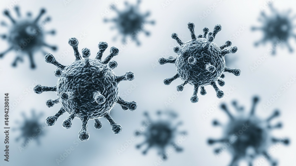 Poster close-up view of multiple virus particles in 3d.