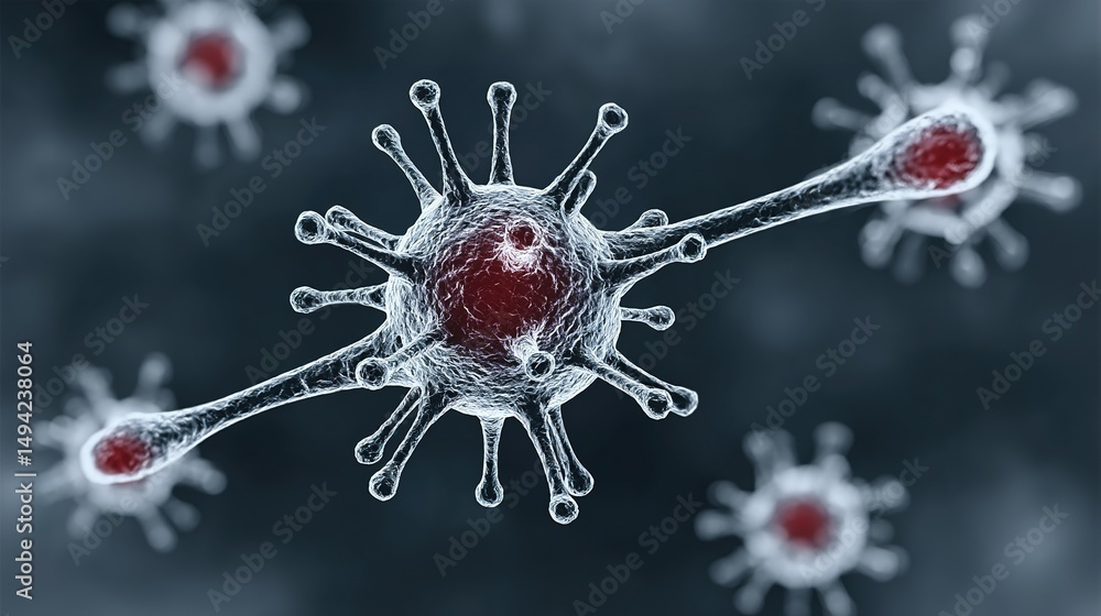 Poster close-up view of complex microscopic viral structures.
