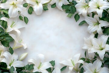 Elegant floral arrangement of white lilies and green foliage on a textured background