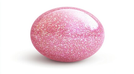 A glossy, pink sphere densely speckled with iridescent glitter, casting a subtle shadow on a white background