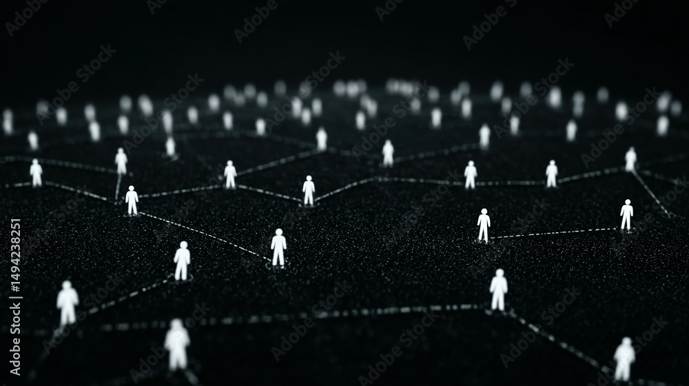 Poster network of tiny figures connected by lines on a dark surface.