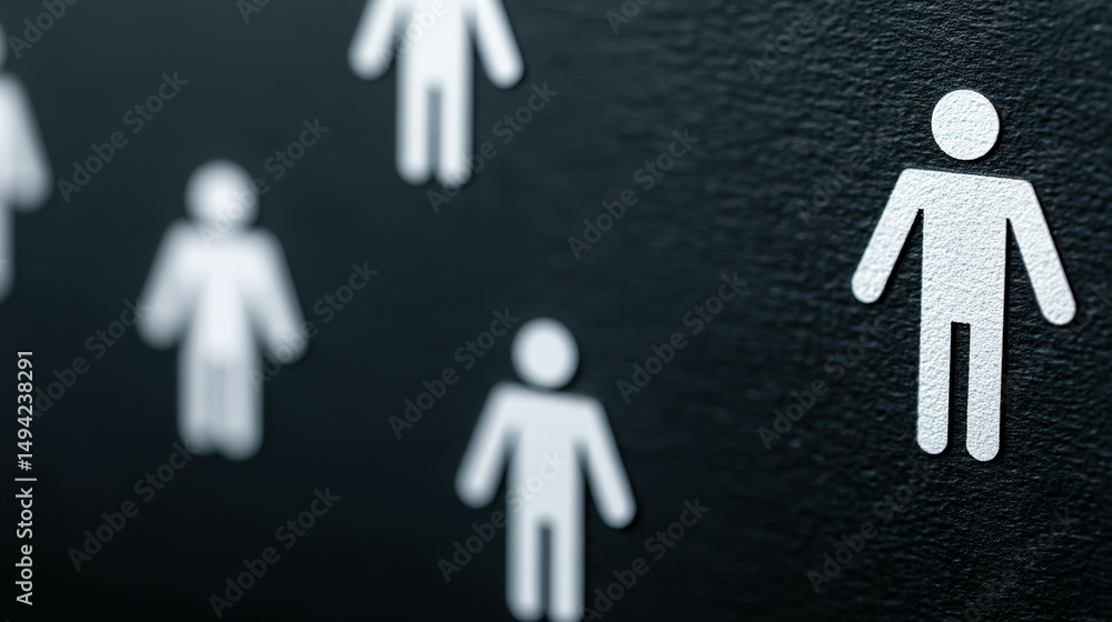 Poster close-up view of numerous simple white figures on a dark surface.
