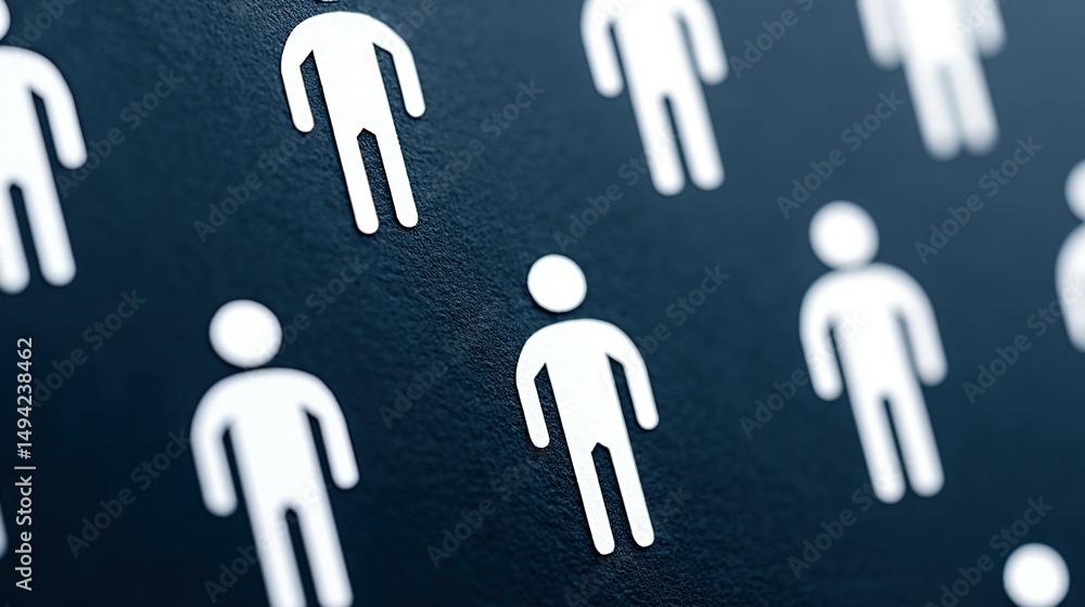 Poster close-up view of many simple white figures on dark background.