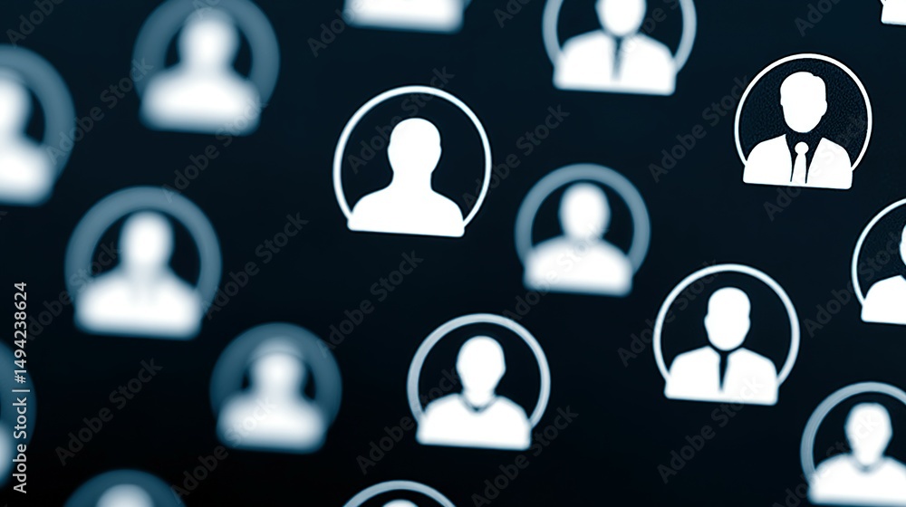 Poster abstract pattern of many profile icons on a dark background.