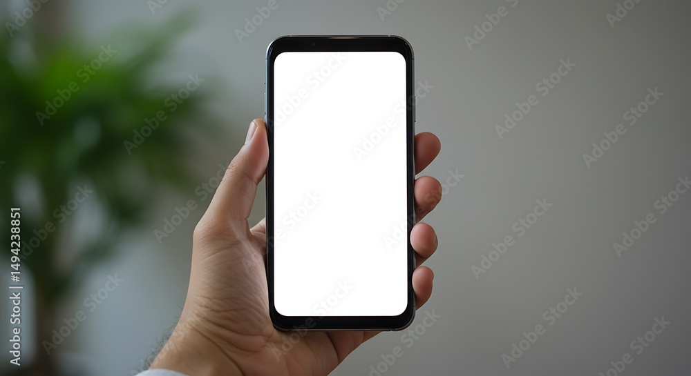 Poster close-up of a hand holding a blank smartphone screen with copy space displayed