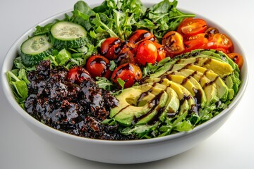 A vibrant salad bowl filled with mixed greens, cherry tomatoes, avocado slices, and balsamic dressing