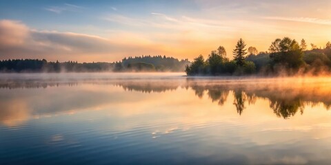 Obraz premium A close-up of soft fog slowly rolling in across a serene lake surface at dawn, morning, fog, morning,fog, dawn, atmosphere