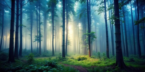 Fototapeta premium Mysterious forest at dusk with tall trees and foggy atmosphere , dark forest