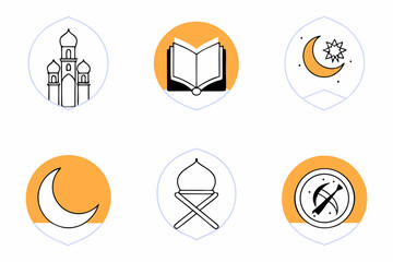 Elegant Islamic icons set perfect for Ramadan celebrations, featuring classic religious symbols and spiritual elements for festive and meaningful designs.