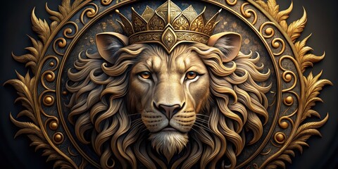 Regal animal emblem features a majestic lion's face with intricate metallic details and a golden crown atop its head, lion emblem, metallic