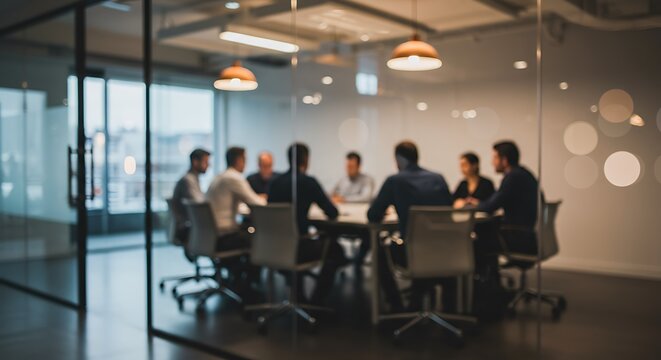 Blurred office meeting depicting collaborative business discussion and strategic planning concepts